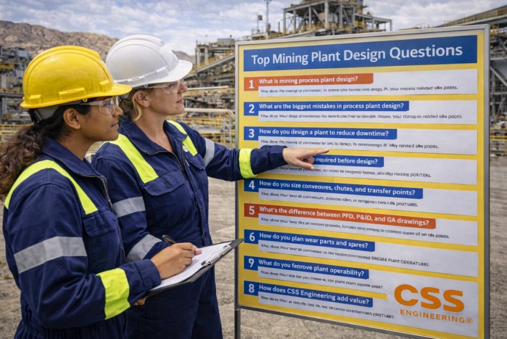 Process plant design Q&A concept showing engineering team discussing plant layout and safety