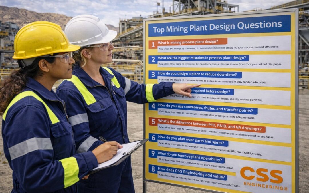 Process plant design Q&A concept showing engineering team discussing plant layout and safety