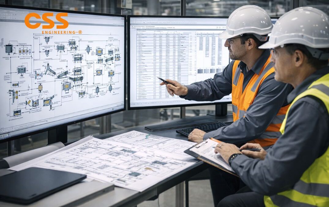 Process engineers reviewing a beneficiation plant flow diagram on large screens