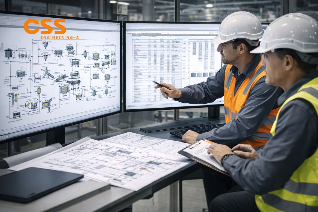 Process engineers reviewing a beneficiation plant flow diagram on large screens