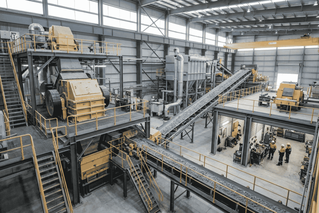 Mining beneficiation plant layout with accessible conveyors, pumps and processing equipment