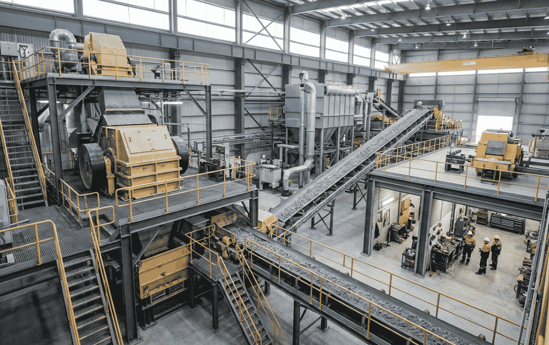 Mining beneficiation plant layout with accessible conveyors, pumps and processing equipment