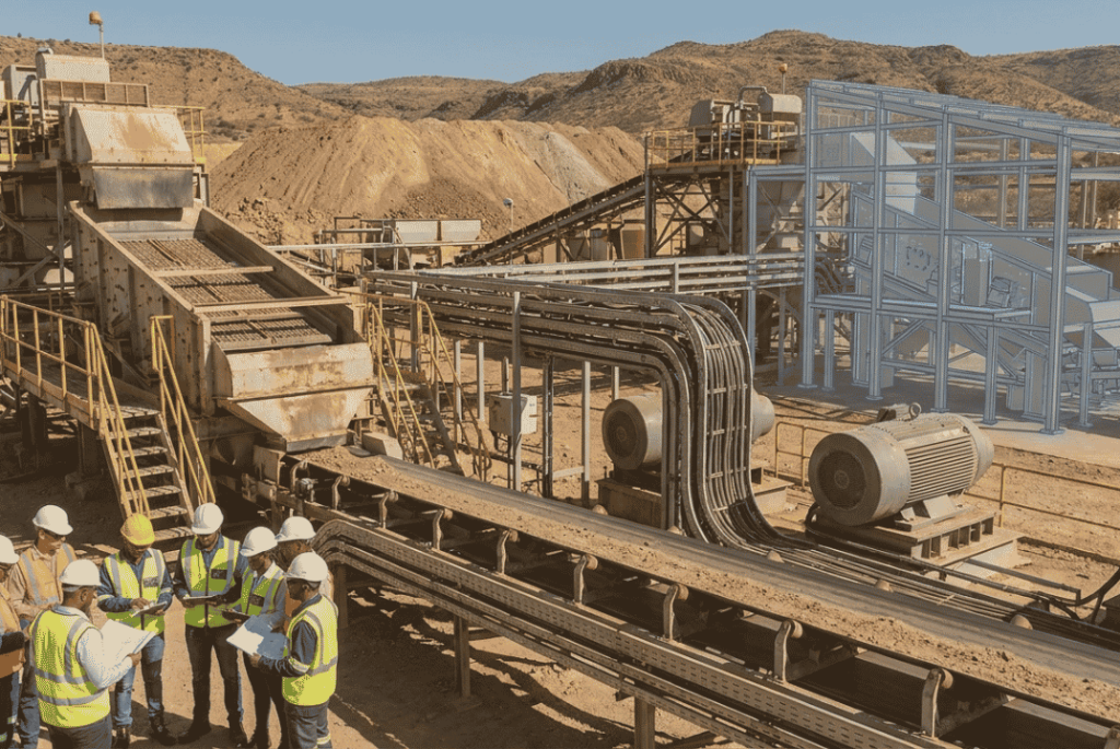 Engineering design checks before mining plant expansion showing existing and proposed process plant equipment.