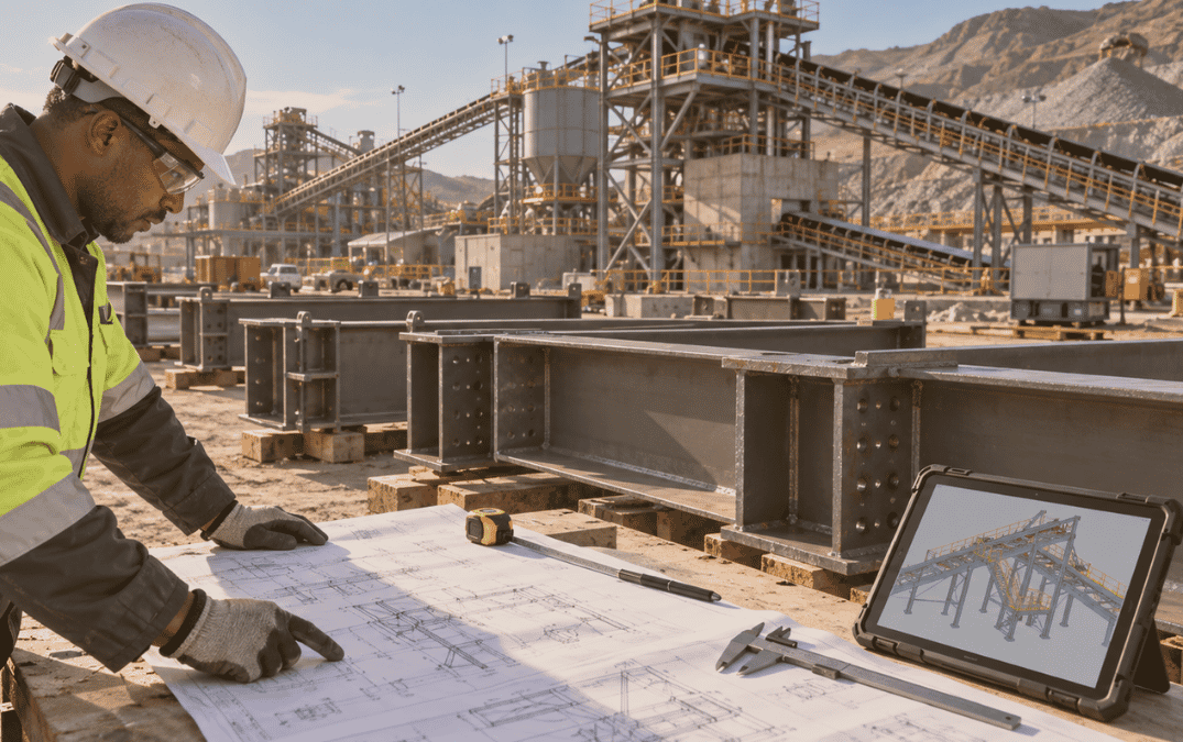 Engineer reviewing detailed fabrication drawings for industrial structural steel installation.
