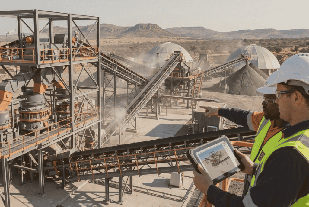 Mineral processing plant design showing crushers, conveyors and screening equipment engineered for balanced material flow.