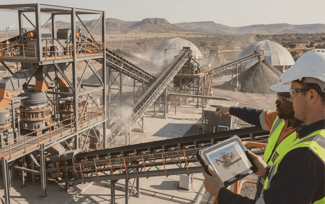 Mineral processing plant design showing crushers, conveyors and screening equipment engineered for balanced material flow.