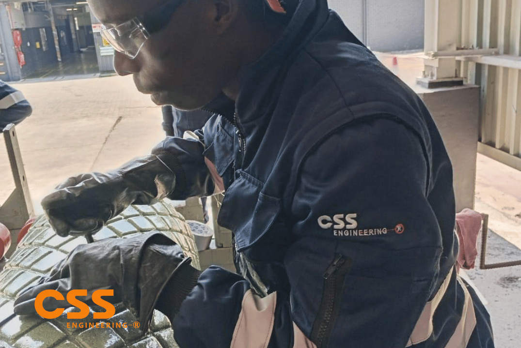 CSS Engineering technicians working on a roller shaft assembly during maintenance